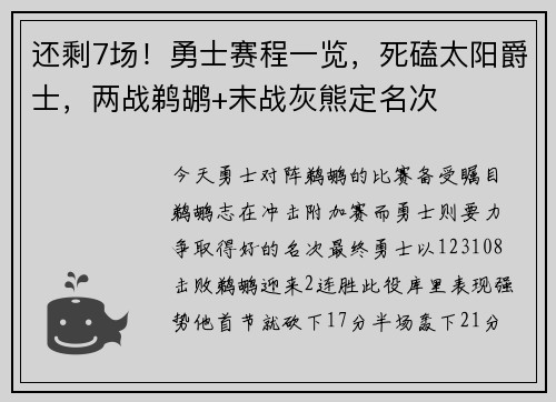还剩7场！勇士赛程一览，死磕太阳爵士，两战鹈鹕+末战灰熊定名次
